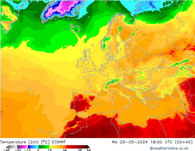 Temperature (2m) ECMWF We 29.05.2024 18 UTC