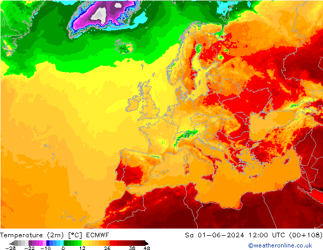 Temperature (2m) ECMWF Sa 01.06.2024 12 UTC