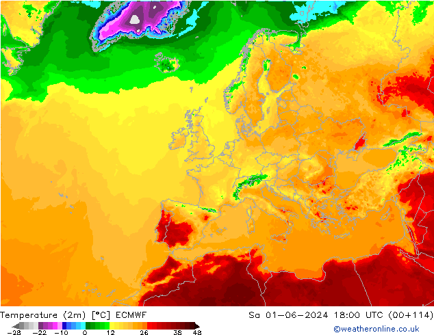 Temperatura (2m) ECMWF Sáb 01.06.2024 18 UTC