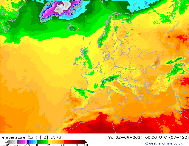 Temperatuurkaart (2m) ECMWF zo 02.06.2024 00 UTC