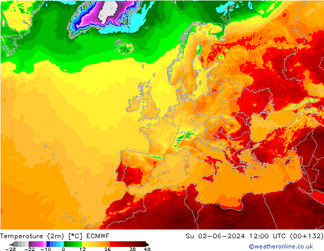 Temperature (2m) ECMWF Su 02.06.2024 12 UTC