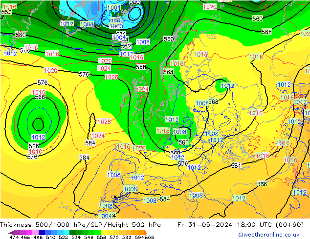 Schichtdicke 500-1000 hPa ECMWF Fr 31.05.2024 18 UTC