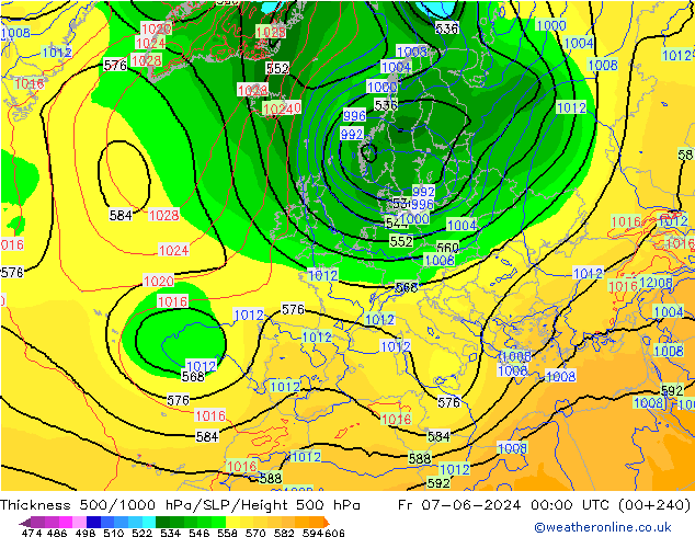 Espesor 500-1000 hPa ECMWF vie 07.06.2024 00 UTC