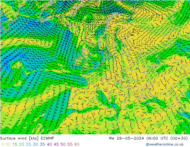 Vento 10 m ECMWF Qua 29.05.2024 06 UTC