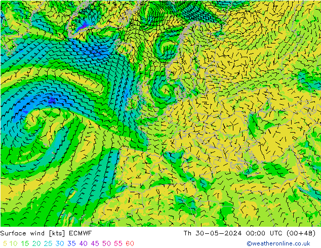 Vento 10 m ECMWF gio 30.05.2024 00 UTC