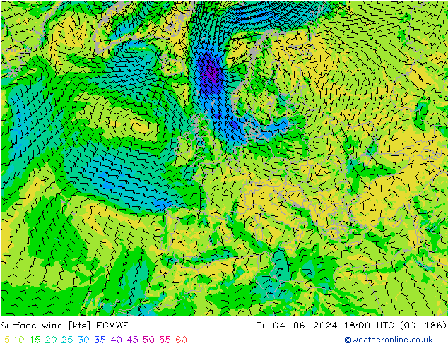 Bodenwind ECMWF Di 04.06.2024 18 UTC