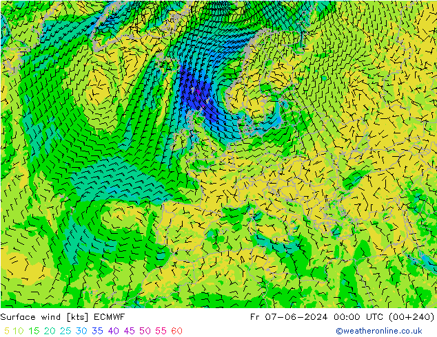 ветер 10 m ECMWF пт 07.06.2024 00 UTC