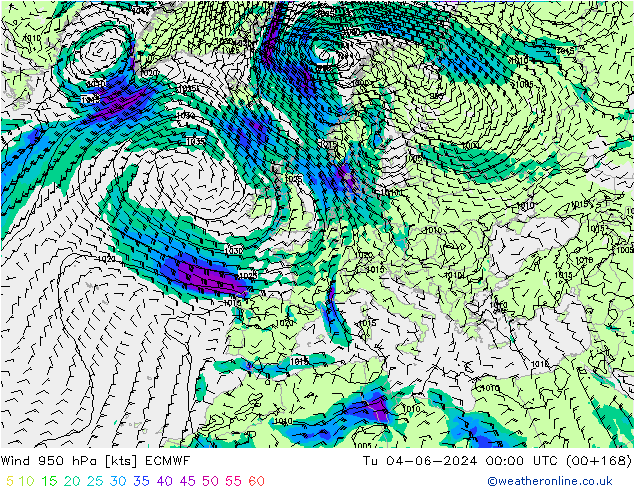 Wind 950 hPa ECMWF di 04.06.2024 00 UTC