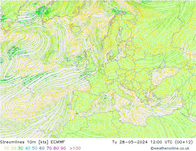 Linia prądu 10m ECMWF wto. 28.05.2024 12 UTC