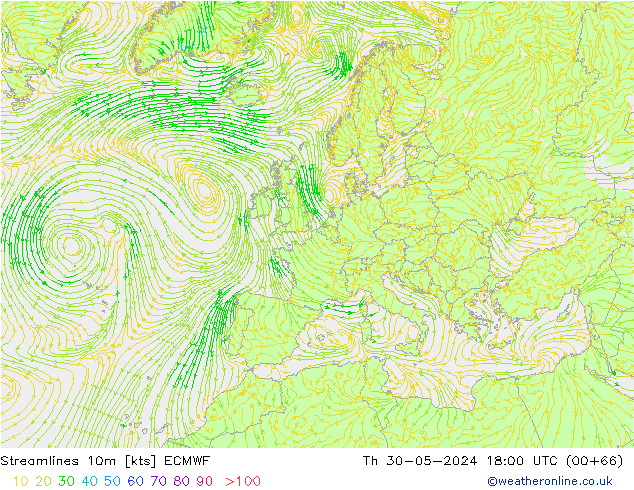 Stroomlijn 10m ECMWF do 30.05.2024 18 UTC