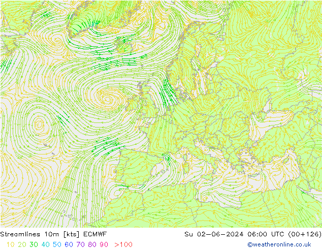 Streamlines 10m ECMWF Su 02.06.2024 06 UTC