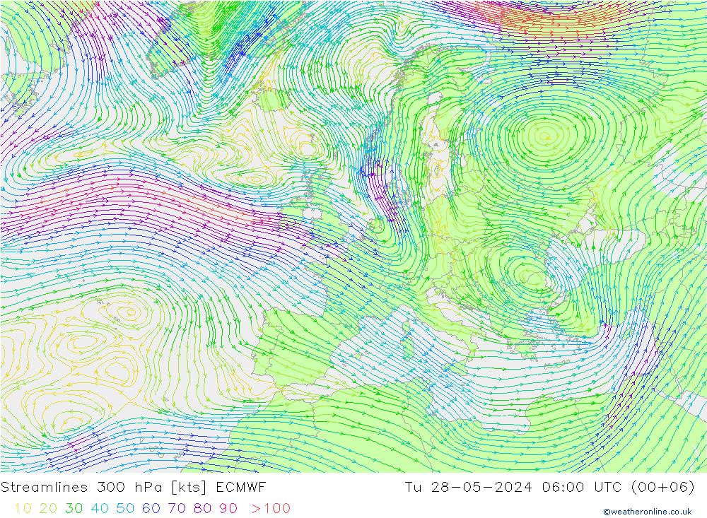 Linha de corrente 300 hPa ECMWF Ter 28.05.2024 06 UTC