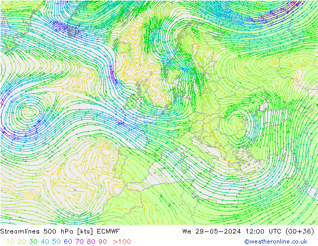 Stroomlijn 500 hPa ECMWF wo 29.05.2024 12 UTC