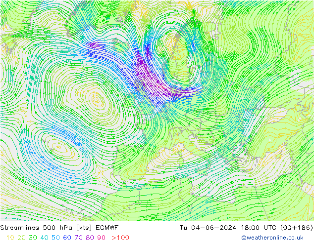 Stromlinien 500 hPa ECMWF Di 04.06.2024 18 UTC