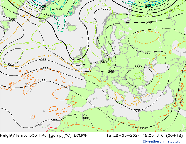 Z500/Rain (+SLP)/Z850 ECMWF вт 28.05.2024 18 UTC