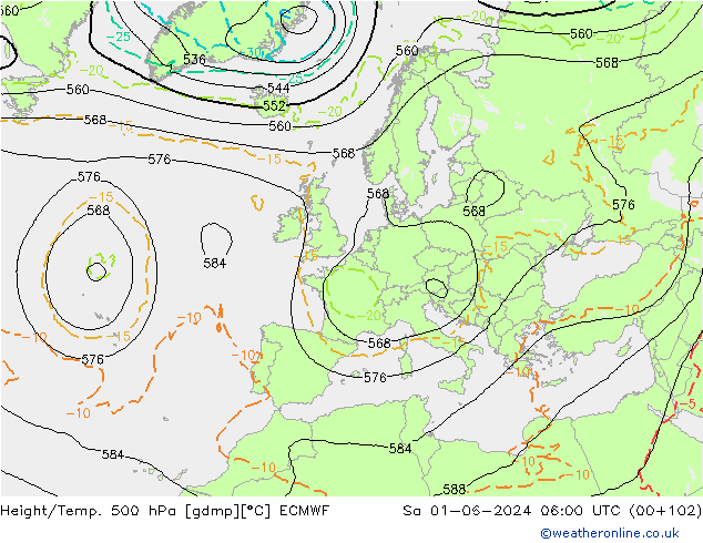 Height/Temp. 500 hPa ECMWF Sa 01.06.2024 06 UTC