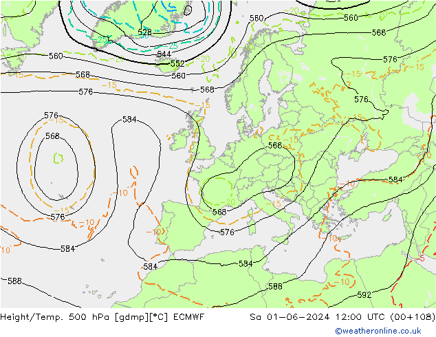 Height/Temp. 500 hPa ECMWF Sa 01.06.2024 12 UTC