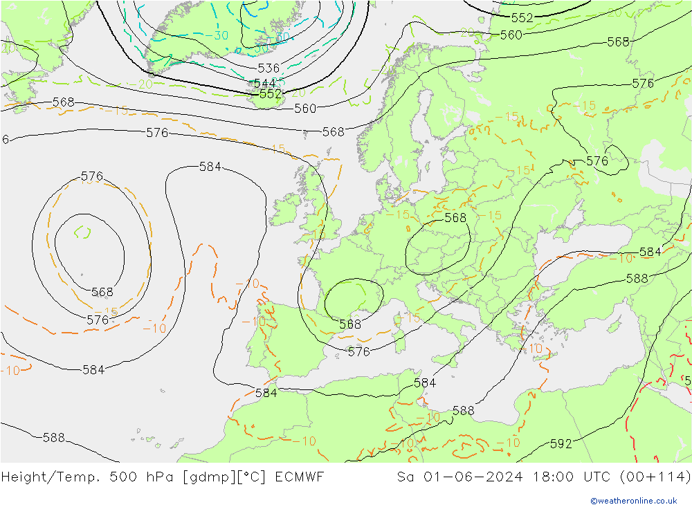 Height/Temp. 500 гПа ECMWF сб 01.06.2024 18 UTC