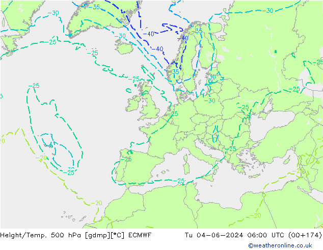 Height/Temp. 500 hPa ECMWF Tu 04.06.2024 06 UTC