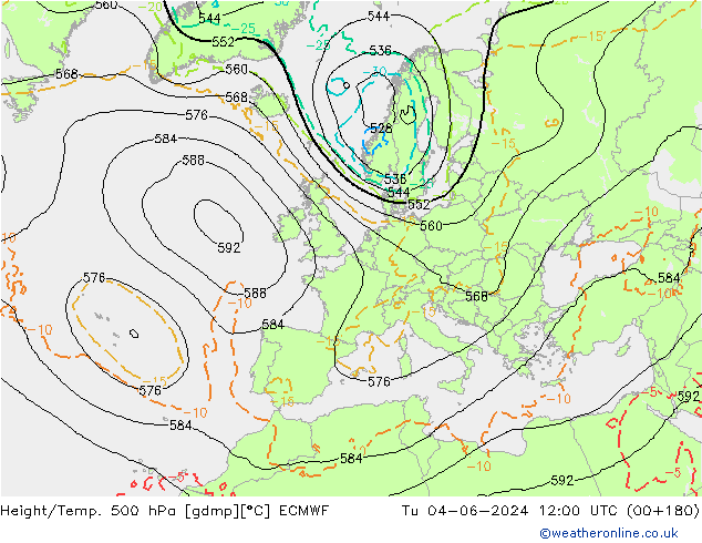 Height/Temp. 500 hPa ECMWF Di 04.06.2024 12 UTC