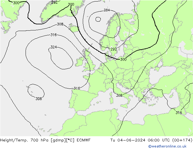 Geop./Temp. 700 hPa ECMWF mar 04.06.2024 06 UTC