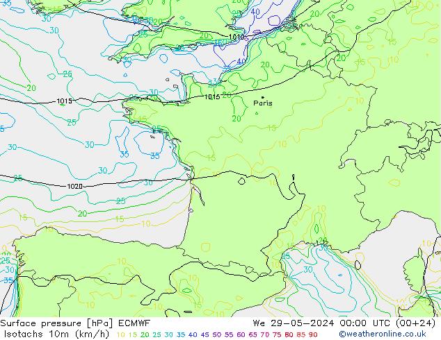 Isotachen (km/h) ECMWF wo 29.05.2024 00 UTC