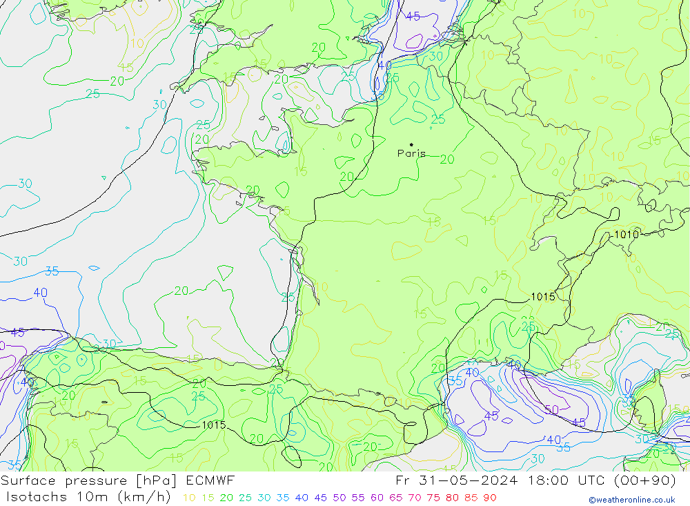 Isotachs (kph) ECMWF  31.05.2024 18 UTC