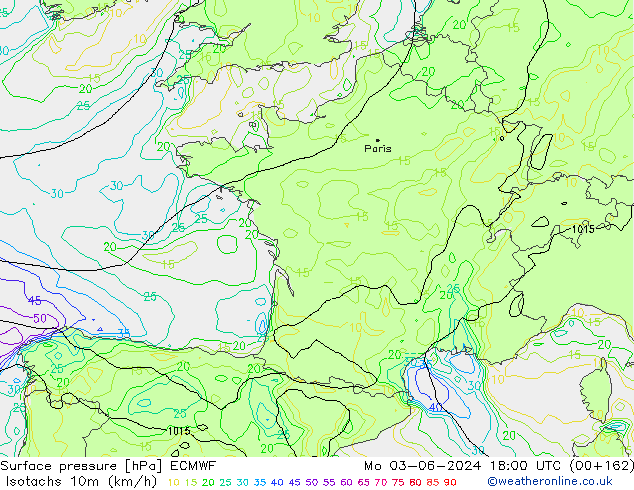 Isotachen (km/h) ECMWF ma 03.06.2024 18 UTC