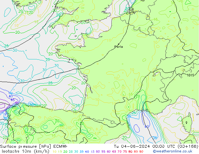 Isotachs (kph) ECMWF Tu 04.06.2024 00 UTC