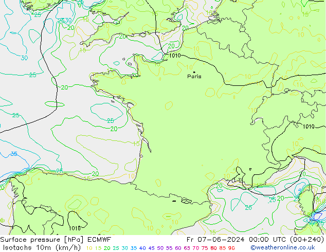 Isotachs (kph) ECMWF Sex 07.06.2024 00 UTC