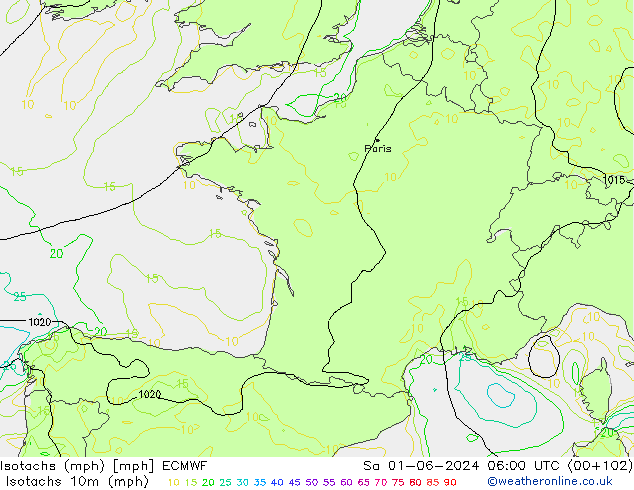 Isotachen (mph) ECMWF za 01.06.2024 06 UTC