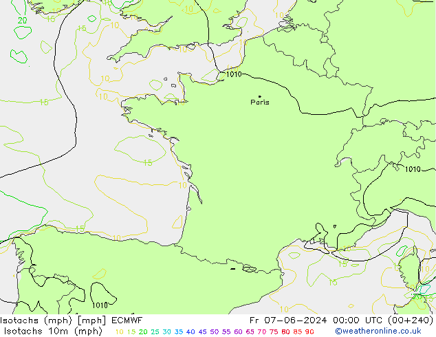 Isotaca (mph) ECMWF vie 07.06.2024 00 UTC