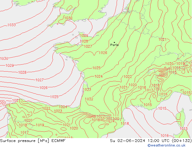 Presión superficial ECMWF dom 02.06.2024 12 UTC