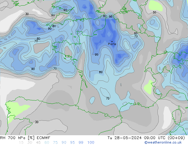 Humidité rel. 700 hPa ECMWF mar 28.05.2024 09 UTC