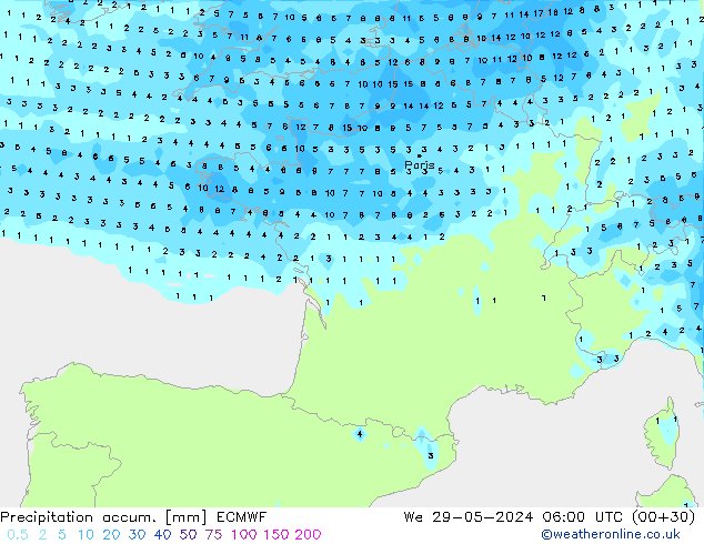 Totale neerslag ECMWF wo 29.05.2024 06 UTC