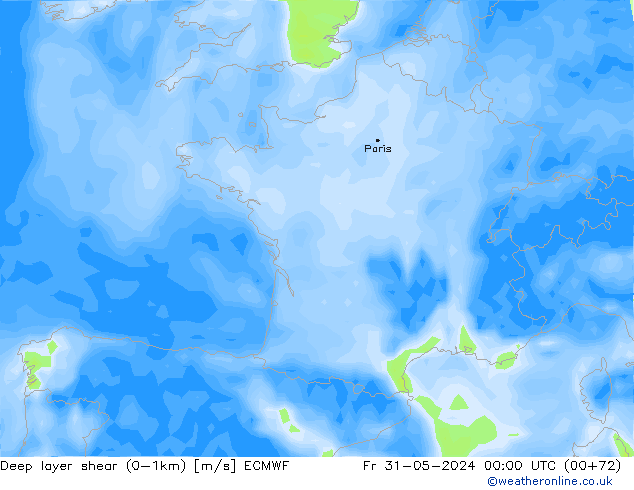 Deep layer shear (0-1km) ECMWF Cu 31.05.2024 00 UTC