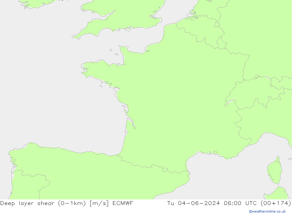 Deep layer shear (0-1km) ECMWF mar 04.06.2024 06 UTC