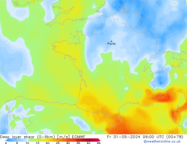 Deep layer shear (0-6km) ECMWF Sex 31.05.2024 06 UTC