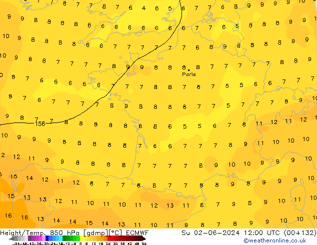 Height/Temp. 850 hPa ECMWF Su 02.06.2024 12 UTC