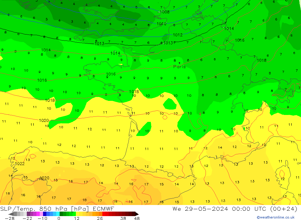 SLP/Temp. 850 hPa ECMWF wo 29.05.2024 00 UTC