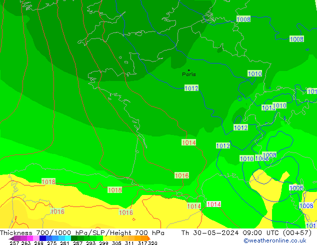 Thck 700-1000 hPa ECMWF Th 30.05.2024 09 UTC