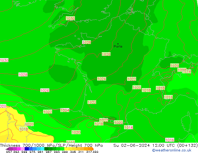 Thck 700-1000 hPa ECMWF Su 02.06.2024 12 UTC