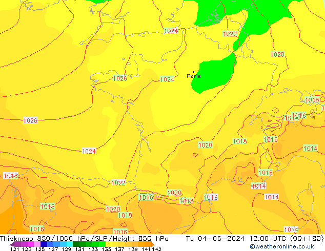 Dikte 850-1000 hPa ECMWF di 04.06.2024 12 UTC