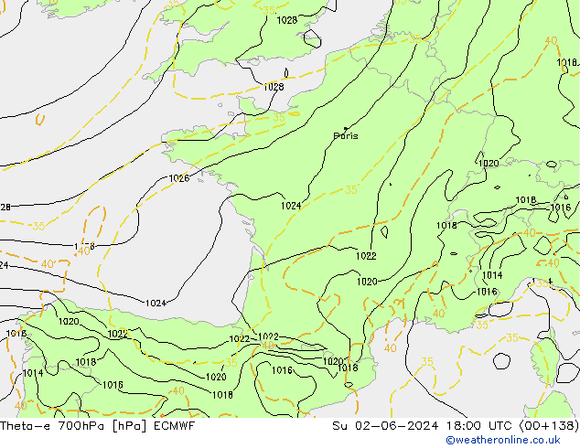 Theta-e 700hPa ECMWF Su 02.06.2024 18 UTC