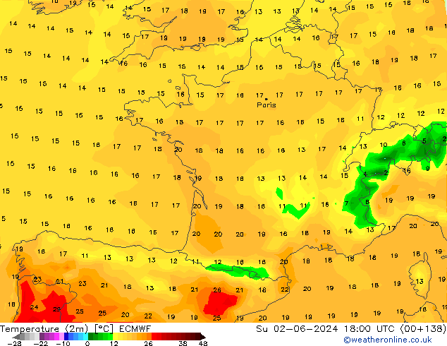 Sıcaklık Haritası (2m) ECMWF Paz 02.06.2024 18 UTC