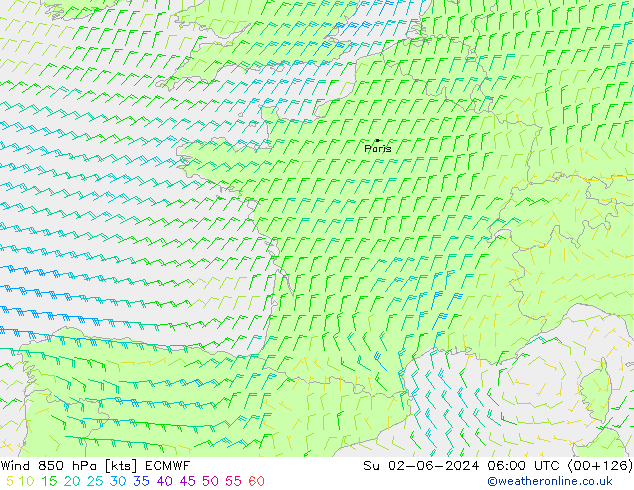 Wind 850 hPa ECMWF zo 02.06.2024 06 UTC