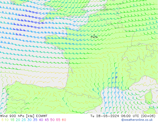 wiatr 900 hPa ECMWF wto. 28.05.2024 06 UTC