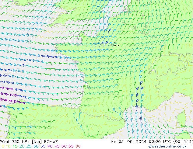 Viento 950 hPa ECMWF lun 03.06.2024 00 UTC