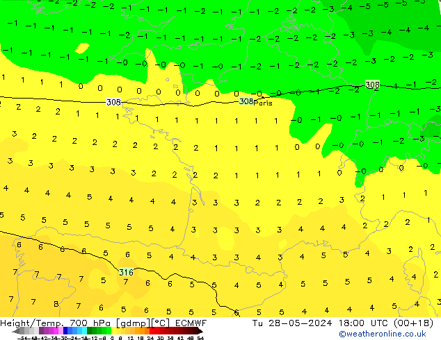 Géop./Temp. 700 hPa ECMWF mar 28.05.2024 18 UTC