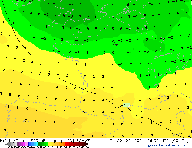 Height/Temp. 700 hPa ECMWF Th 30.05.2024 06 UTC